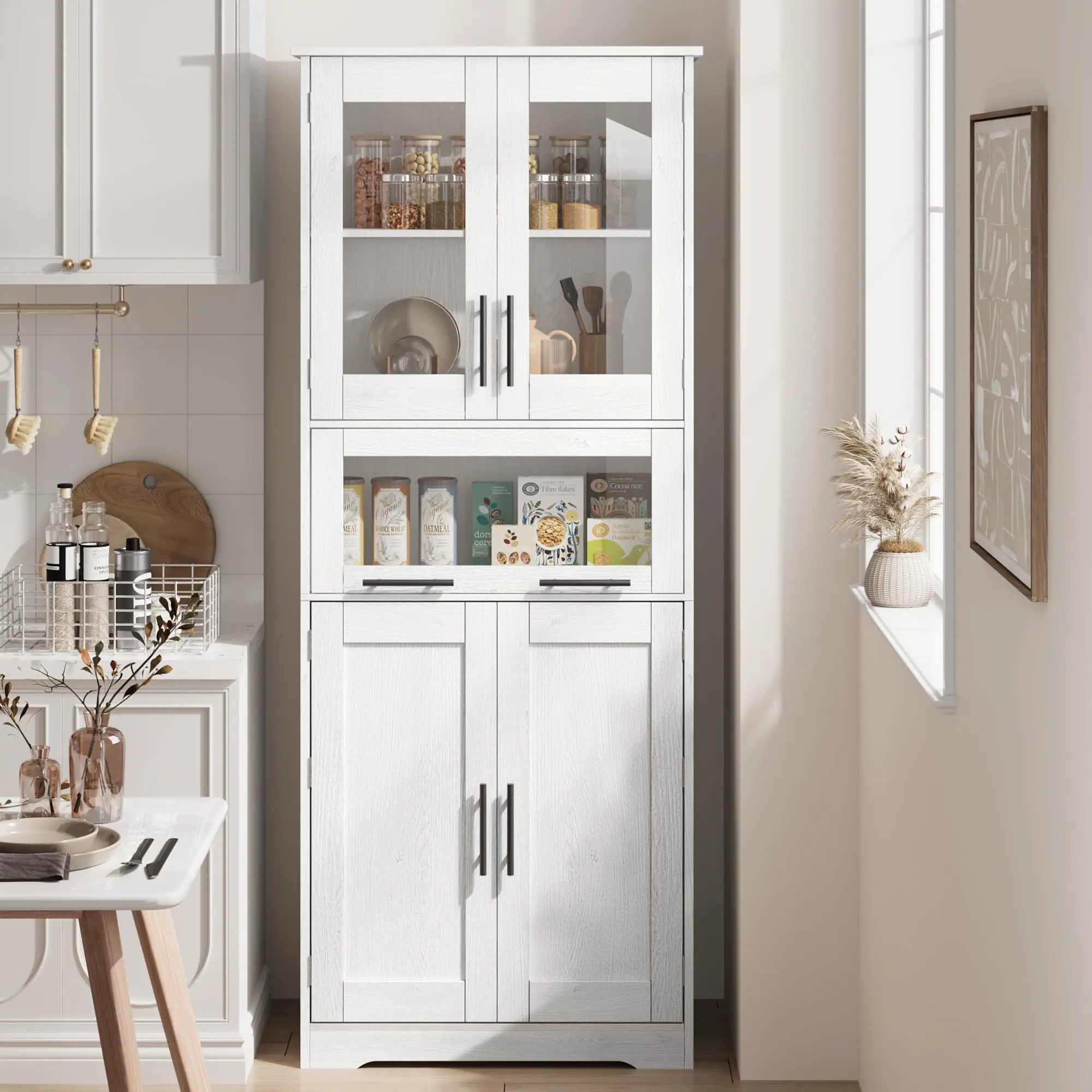 Mobile da corridoio/bagno alto e stretto 170 cm, autoportante – 2 ante in vetro e cassetto – 5 ripiani regolabili, MDF resistente all'umidità – marrone rustico
