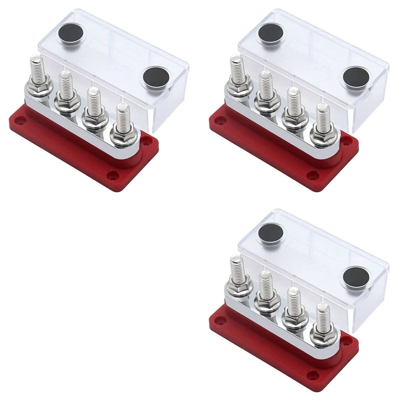 3X 600A Bus Bar 4-Stud (3/8 Inch) M10 High Current Copper Busbar Terminal Block Marine DC 12V 24V 48V With Cover(Red)