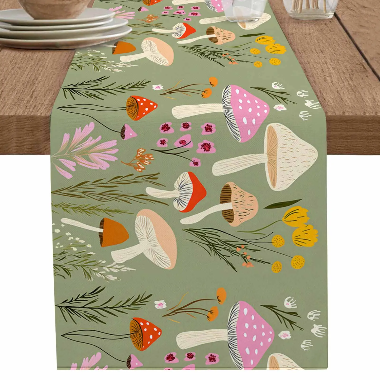 

Green Background Mushroom Flower Table Runner Kitchen Decor Tablecloth Placemat Hotel Home Wedding Decor Table Runners