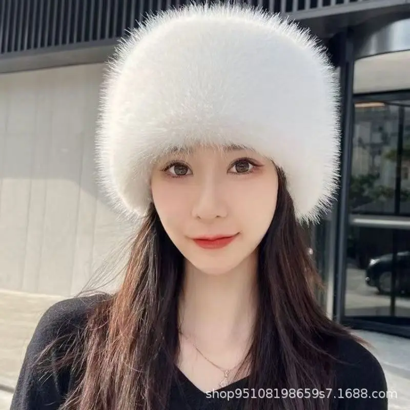 New Faux Fox Fur Fairy Hat, Women Autumn Winter Thick Warm Flat Top Princess Bucket Hat
