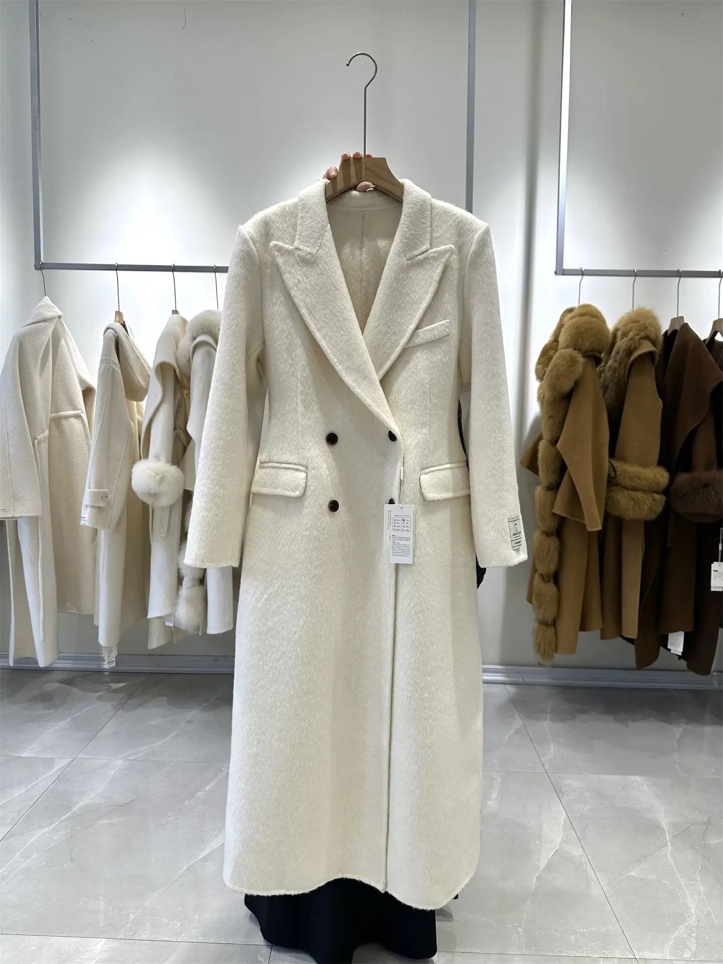 Women Autumn Winter New Padded Shoulder Double Face Wool Long Coat Slim Hourglass Shape Premium Alpaca Woolen Outerwear Ladies