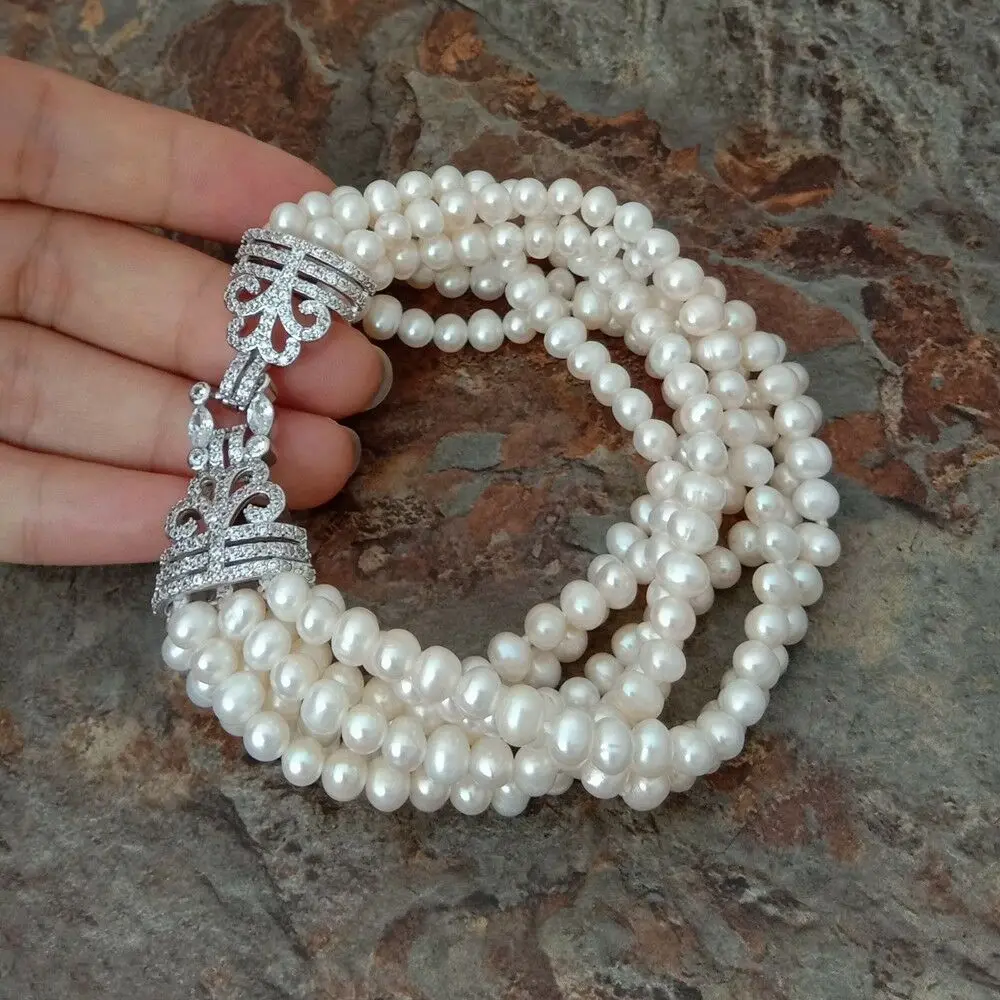 

8inch 6 strands White freshwater Pearl Bracelet Cz Clasp