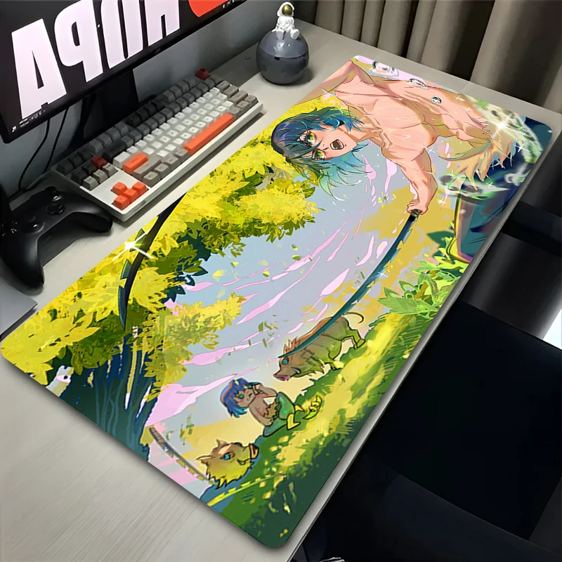 

Japan Anime Green Plant Mouse Pad PC Cool Gamer Cabinet Keyboard Rug Demon Slayer Hashibira Inosuke Mousepad XXL Kawaii Desk Mat