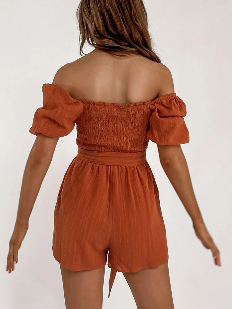 

Jumpsuits For Women 2022 Square Neck Short Puff Sleeve Smocked Romper With Belt Jumpsuit Shorts Cotton Casual Playsuit Rompers