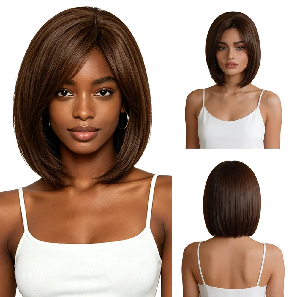 

Natural Chestnut Brown Straight Bob Wig For African American Women Side Fringe Soft Synthetic Hair Glueless Wear & Go Daily Wig