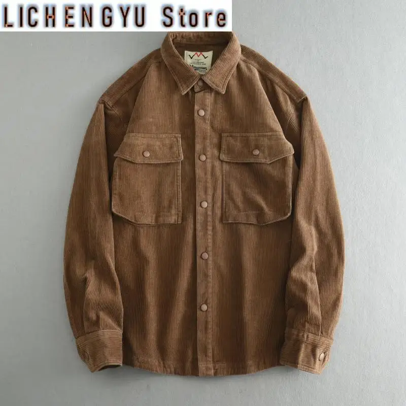Autumn Winter New American Retro Long-Sleeve Lapel Thickened Corduroy Shirt Men's 100% Cotton Washed Double Pocket Casual Jacket