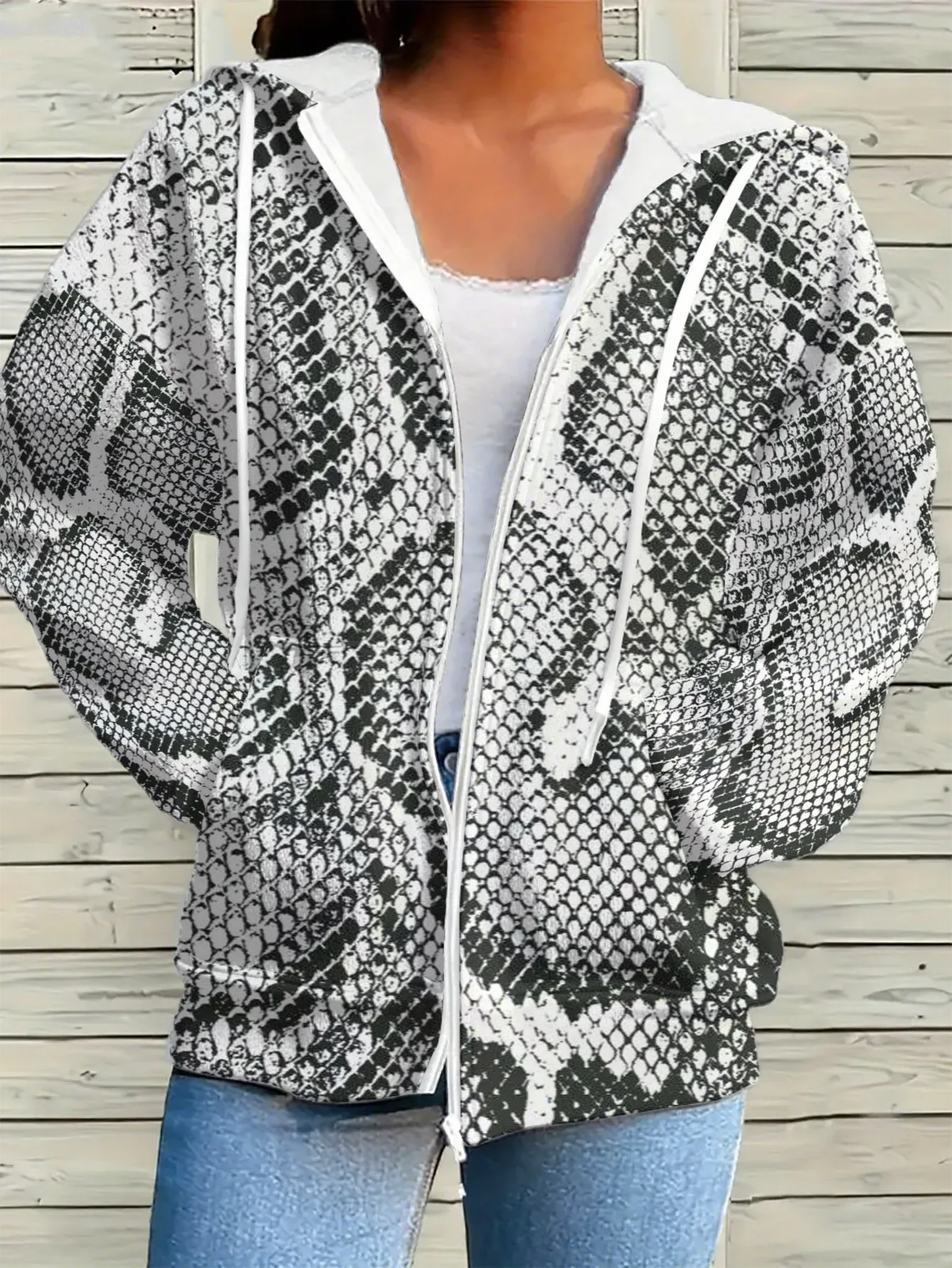 أحادية اللون الأفعى الملمس 3D مطبوعة كاملة طباعة هوديي معطف مقنع فتاة عارضة الشارع الشهير المرأة معطف الشتاء