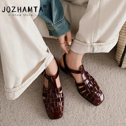 JOZHAMTA Size 34-40 Women Gladiator Flats Sandals Real Leather Woven T-Straps Thick Low Heels Summer Shoes Vintage Office Dress