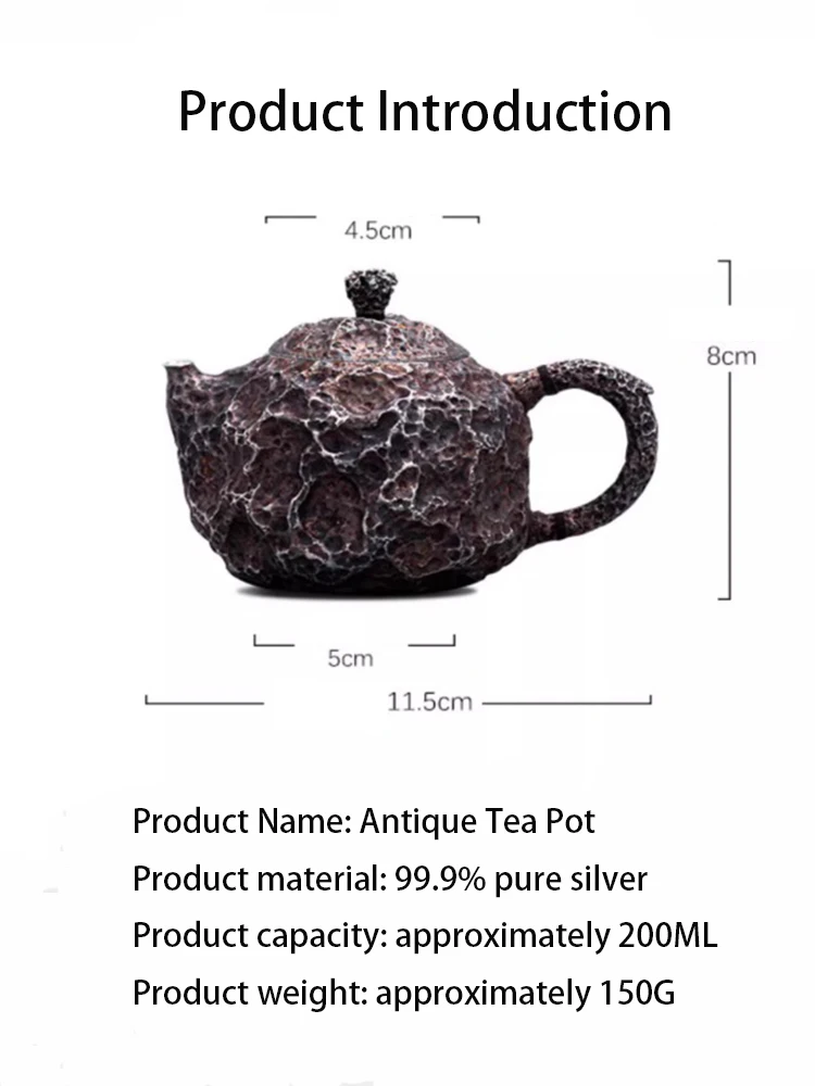 Pure Silver 99.9% Tea Pot Handmade One Stone Pattern Insulated Silver Pot Meteorite Pit Wormhole Pot