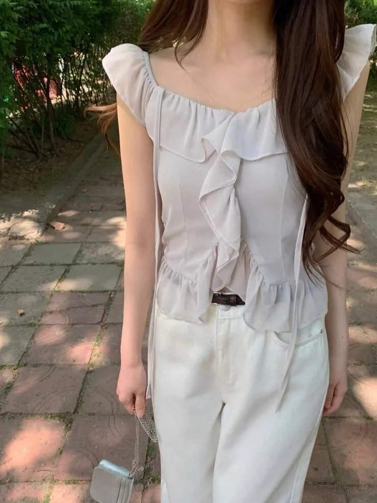 

Sweet Chic Summer New Style Women's Shirt Slimming Fly Sleeve Lace Korean Style Short Sleeve One Shoulder Top