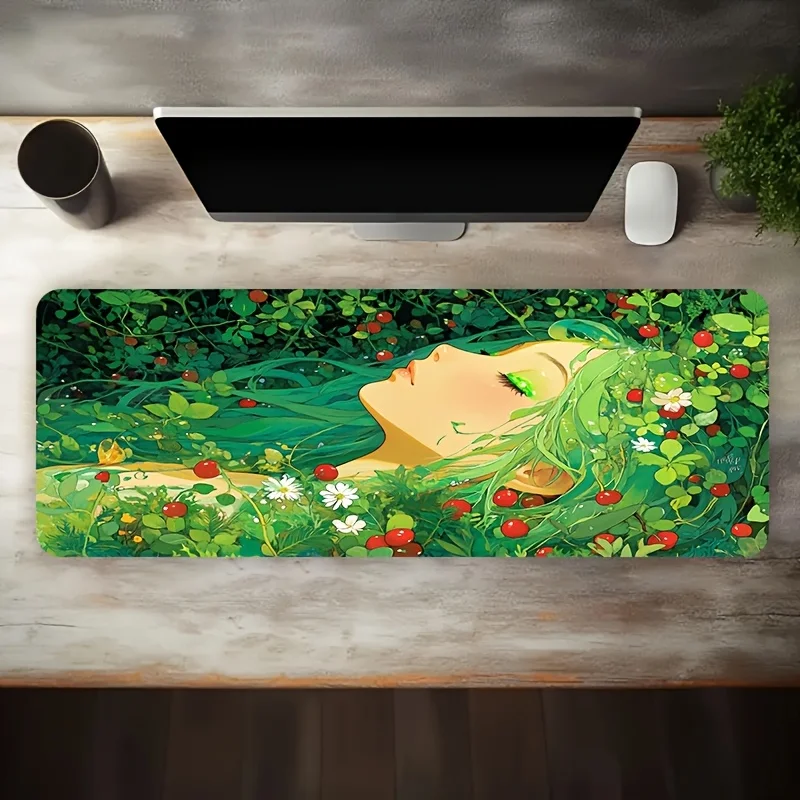 Large Gaming Mouse Pad Natural Green Plant Red Fruit Pattern Non Slip Washable Rubber Base Wide Desk Mat for Office Game Use