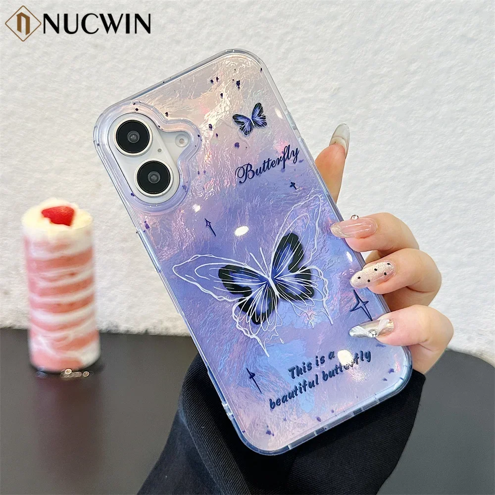 For iPhone 16 Pro Max Cartoon Purple Butterfly Case For iPhone 12 13 14 15 16 Pro Max 11 Aurora Laser Soft PC Shockpoof Cover