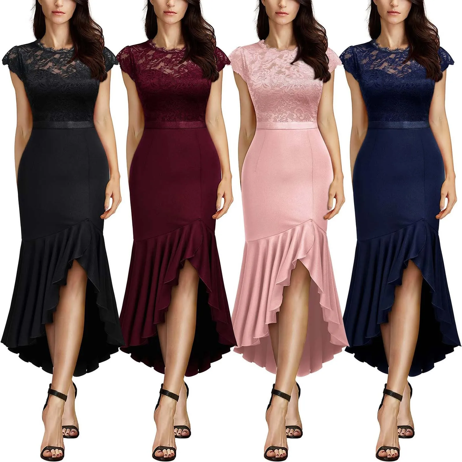 Elegante vestido de meia-panturrilha feminino sem mangas, vestido feminino linha A, grande e grande, alta divisão, vestidos de festa com renda, roupas, 2024