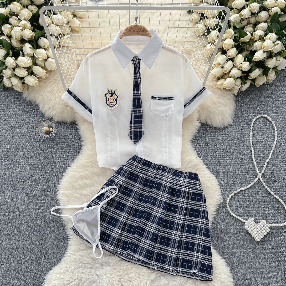 Preppy Chic Sweet Cute Women Uniform Set Transparent Short Sleeve Crop Top With Mini Pleated Plaid Skirt Cosplay Pajama Lingerie