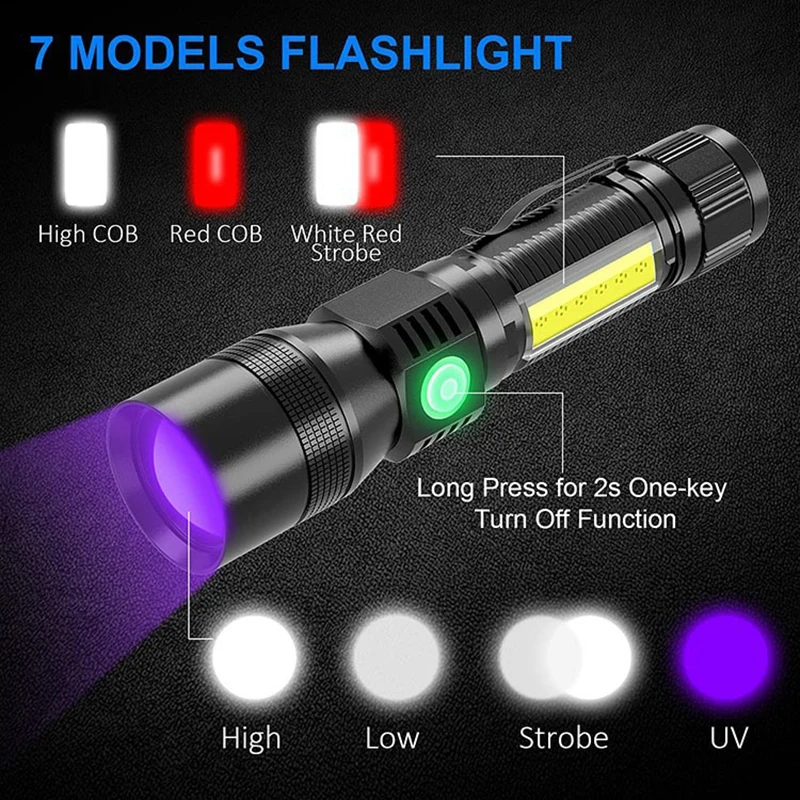 1200Lumen LED Flashlight With Magnetic UV Light Flashlight COB Side Light LED Torch Zoomable Outdoor Waterproof For Camping