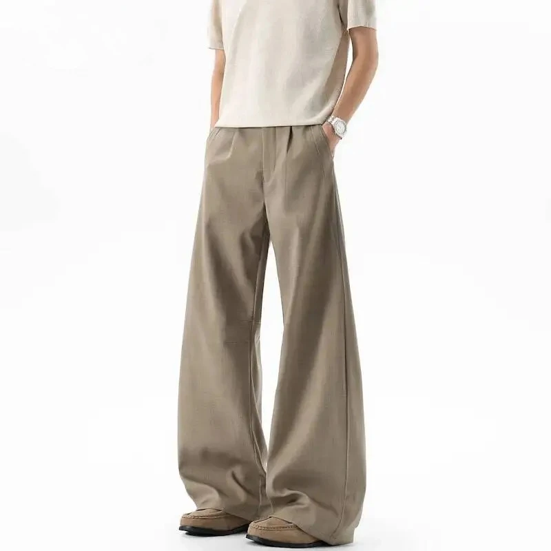 

Khaki Vintage Pleated Men's Suit Pants Loose Straight Casual Trousers Summer Fashion New Wide Leg Bottoms 9X3647