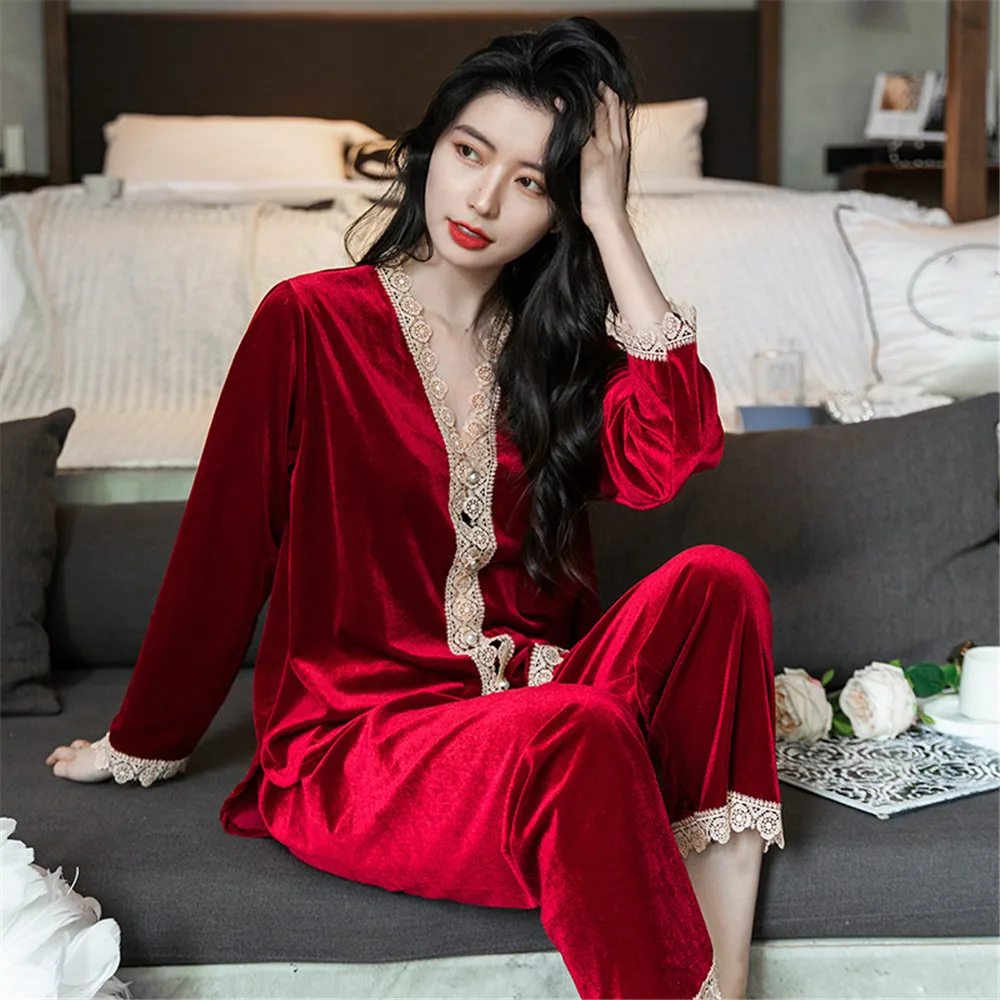 Lace Trim V-Neck Shirt Pants Women Autumn Winter Casual Velvet Warm Homewear Female Velour Pajamas Sets