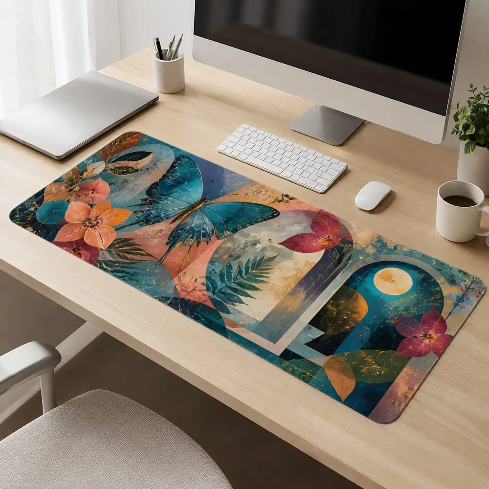 Abstract butterfly and floral patterns, cyan, blue, coral pink color scheme, desktop protective pad, game accessories
