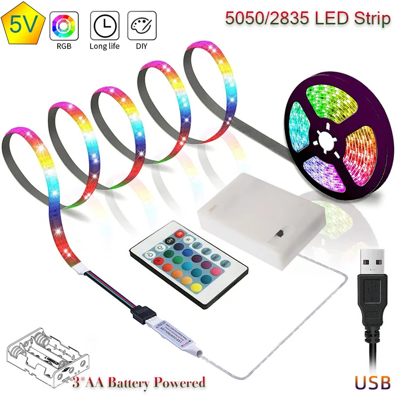 Bateria LED diody na wstążce 3AA 5V 5050SMD elastyczne światło prążkowane RGB do toalety, komputer, szafka do wina, szafa