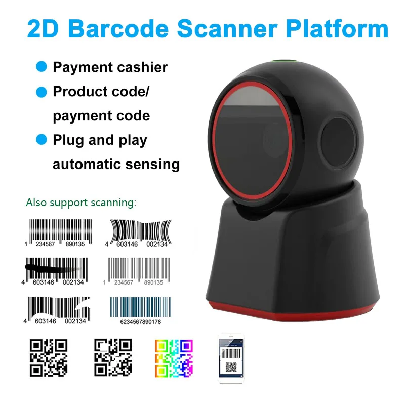 

2D-сканер штрих-кода 1D/2D-сканер кода Считыватель QR Проводной настольный сканер громкой связи QR-изображений для супермаркета Розничный магазин Ресторан