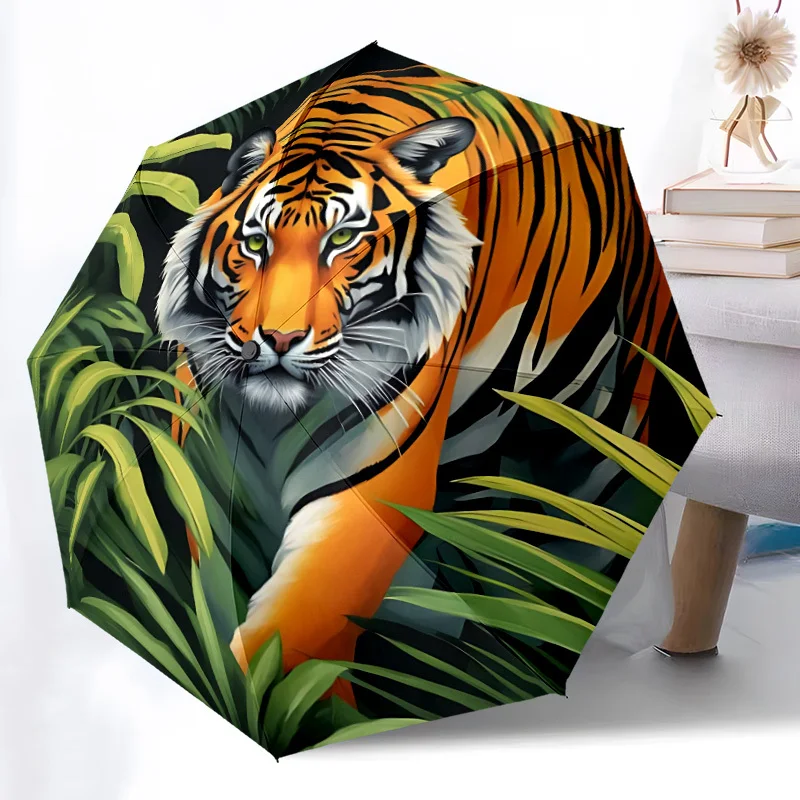 

Автоматический зонт с принтом тигра и джунглей, 8-спицевая прочная рама, ветрозащитный и складной дизайн — яркий оранжевый и черный цвета