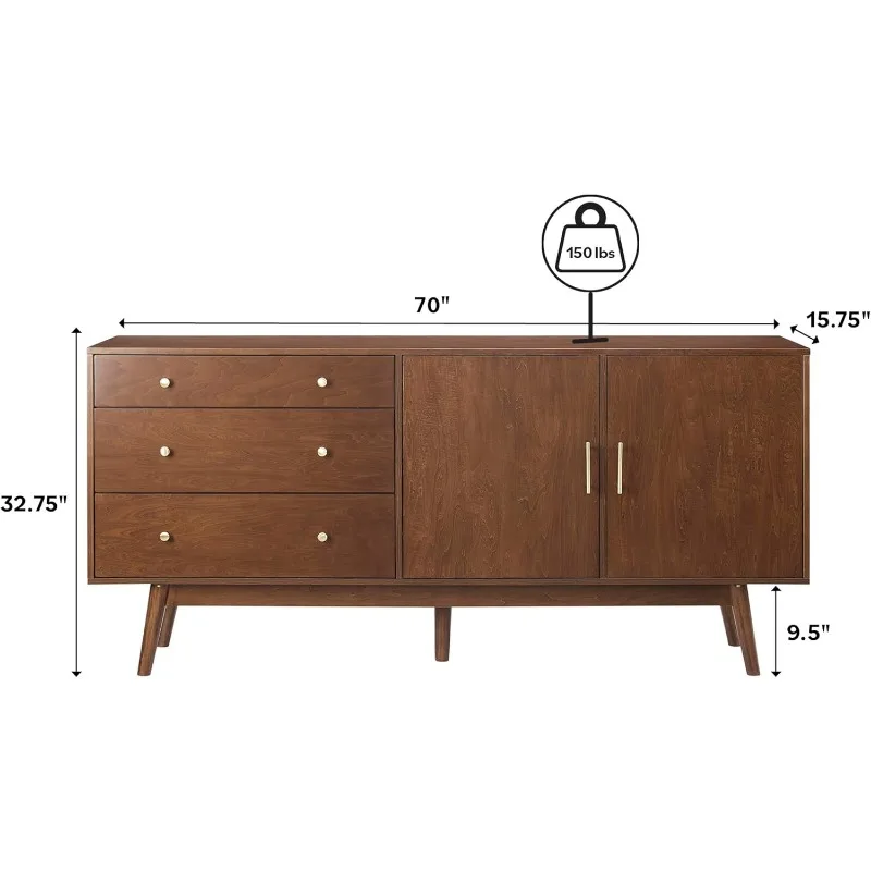 Serving Storage Cabinet Doors-Dining Room Console, 70 Inch, Acorn Mid-Century Modern Wood Kitchen Buffet Sideboard Entryway