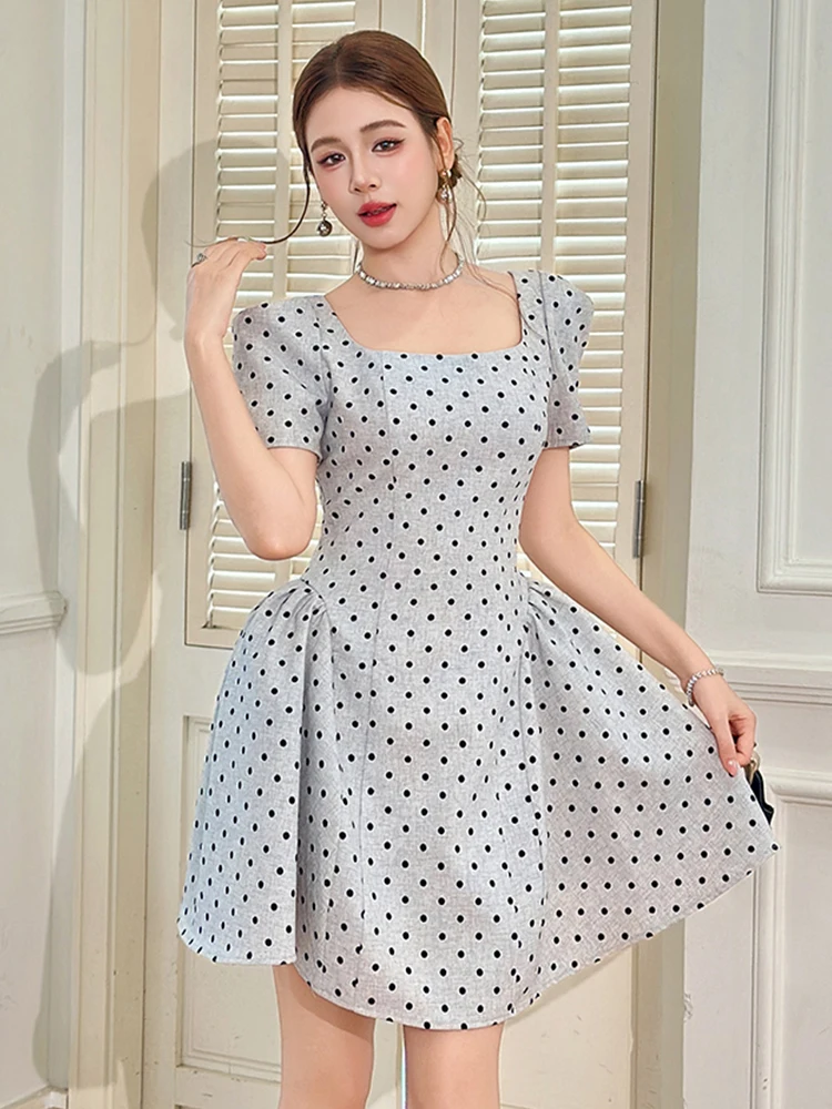 Mulheres roupas de rua retro dot print quadrado pescoço fino a linha mini vestido curto elegante senhora festa baile aniversário vestidos moda