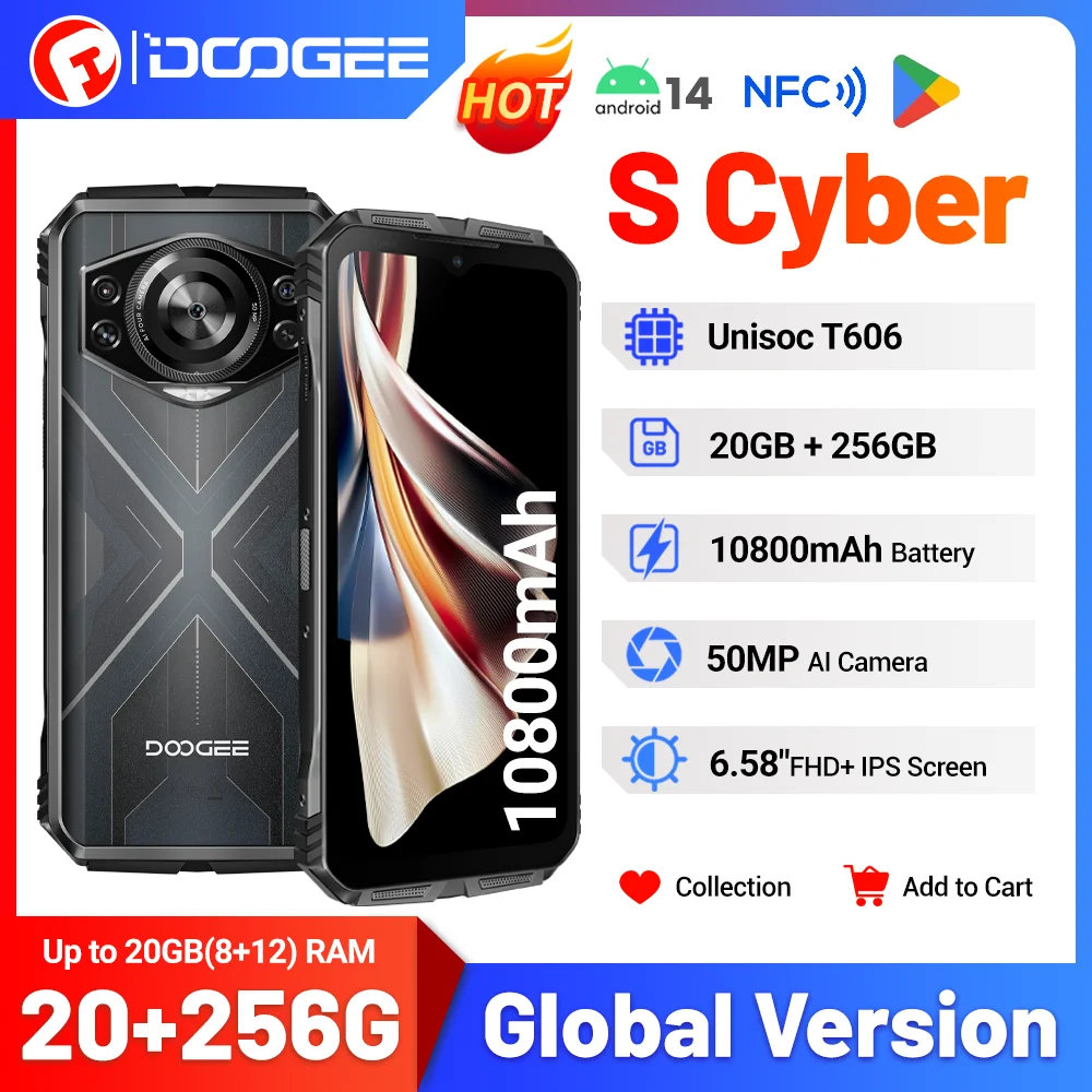 Мировая премьера DOOGEE S Cyber Rugged Phone8 ГБ + 256 ГБ 6,58 дюйма 90 Гц IPS-экран 10800 мАч Большая батарея 50 МП AI Основная камера Android 14