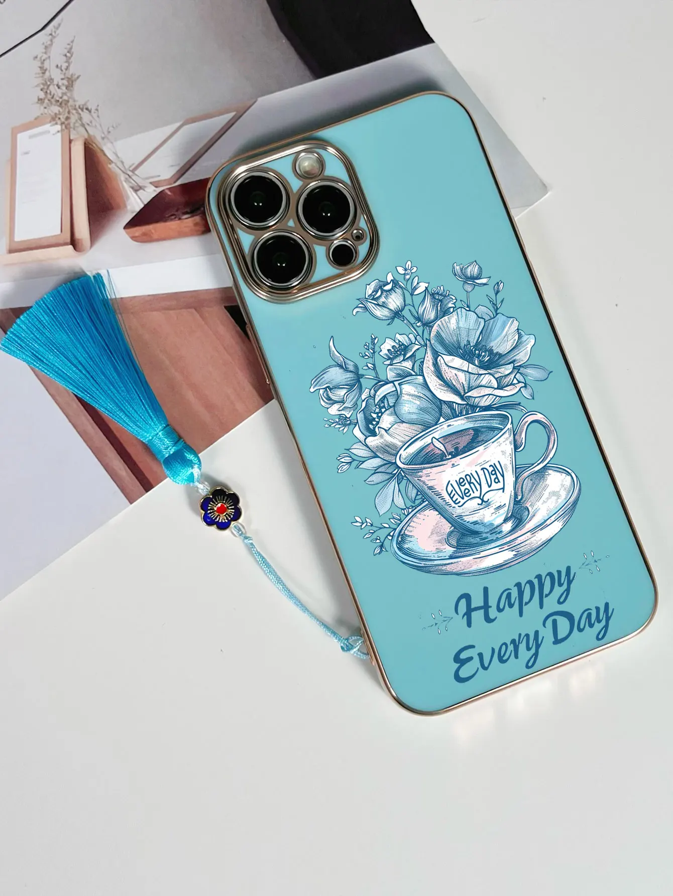 Luxo chapeamento xícara de café flor padrão borla cordão caso telefone para iphone 17 16 15 14 plus 13 12 11 pro max capa fundas