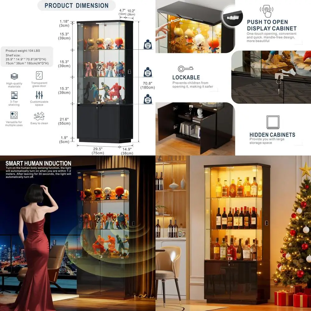 

Витрина 71 дюйм с прозрачными стеклянными дверцами, 3 режимами подсветки и замком для спальни, черная, глянцевая, с регулируемыми стеклянными полками