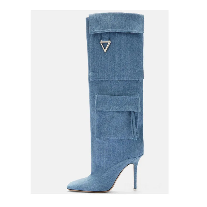 

High-Heeled Square Toe Denim Pocket Cloth Knee High Boots, European and American Cross-Border Plus Size Women's Long Tube Boots