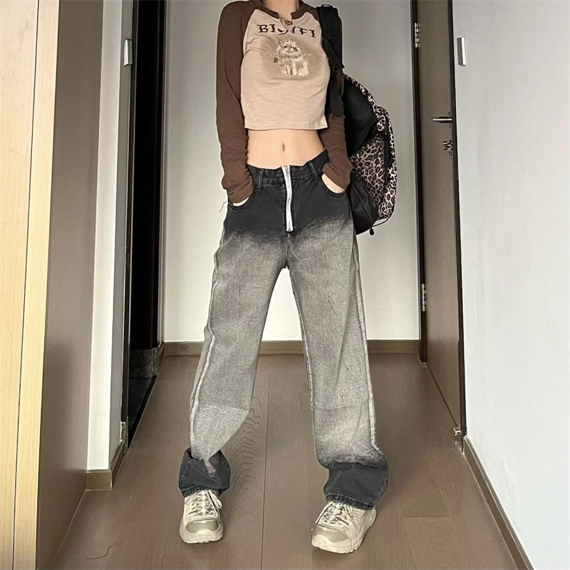 

Women's Black Gray Gradient Zipper Wide Leg Unisex Jeans Cool Girl Streetwear Fashion Pants Female Straight Design Trousers