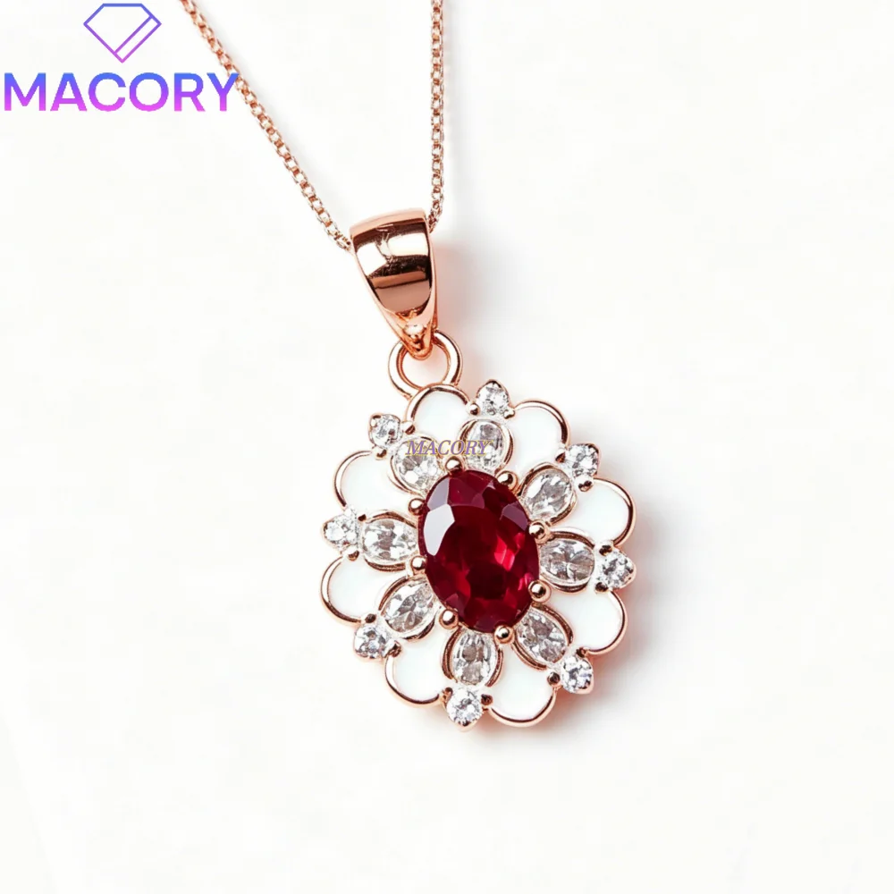 Natural Ruby Pendant Necklace S925 Sterling Silver Vintage Simple Design Luxury Style Valentine's Day Christmas Birthday Gift