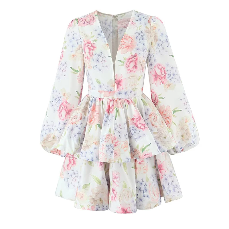 Sexy profundo decote em v lanterna manga em camadas plissado floral impressão vestido feminino elegante a linha mini vestidos senhora férias festa robe