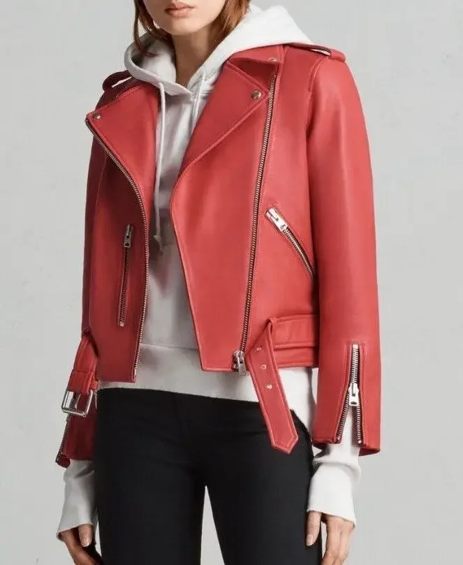 Genuine Leather Clothing Women's Pure Leather Racing Style Motorcycle Bicycle Jacket Red European and American Fashion Trend