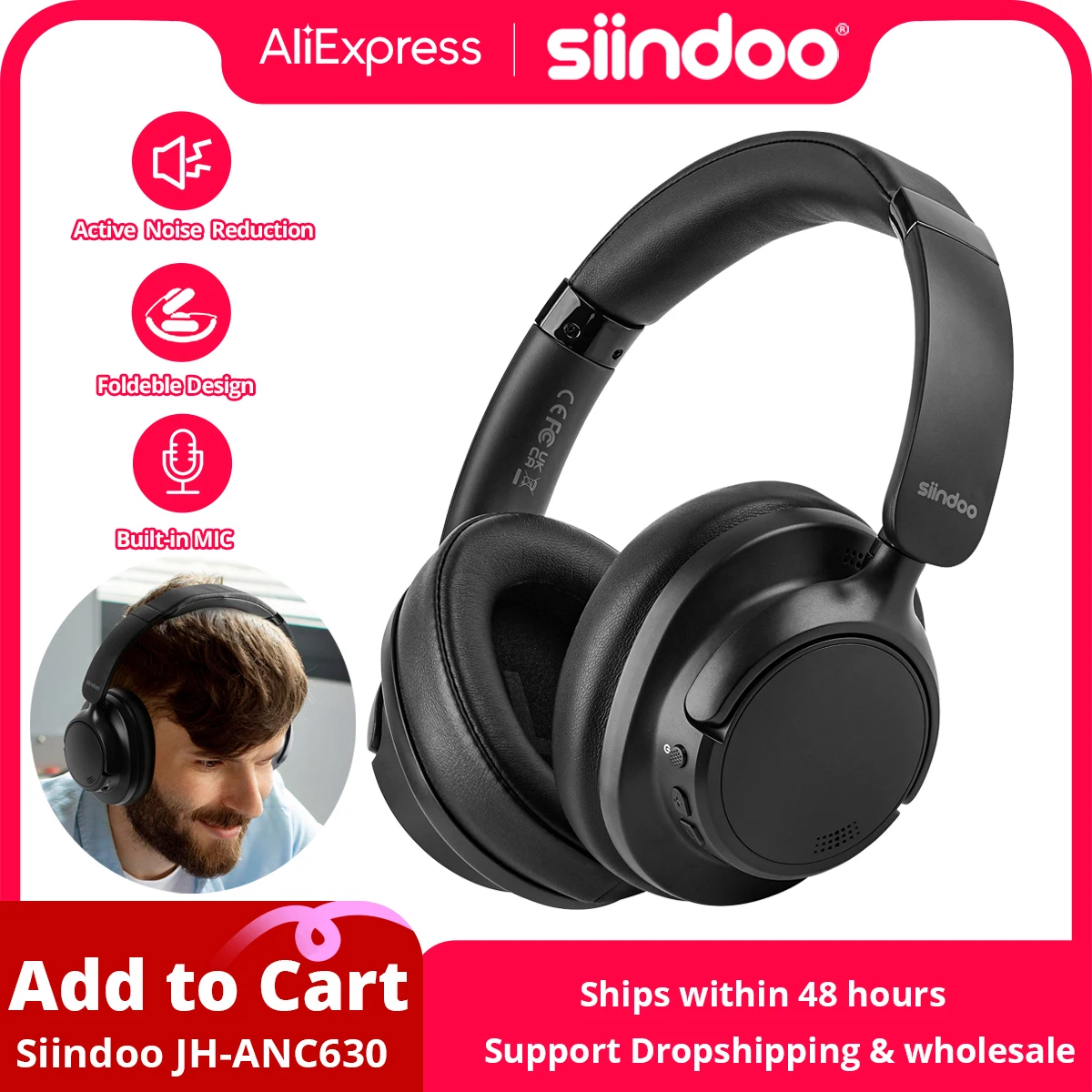 Siindoo JH-ANC630 Active Noise Cancelling Wireless Headphones Over Ear Bluetooth earphones HIFI DEEPS with Mic For PC TV Black