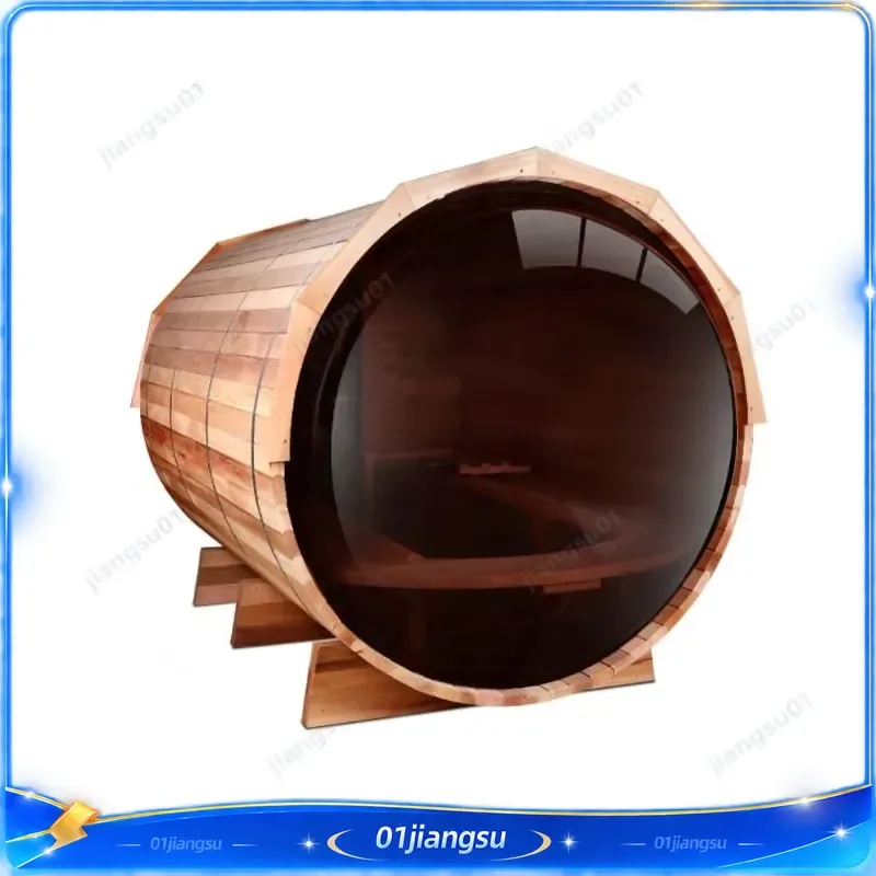 Outdoor Electric Solid Wood Dry Steam Sauna Barrel Hidden Garden Panoramic View with Harvia Stove Home Spa Wellness Heat