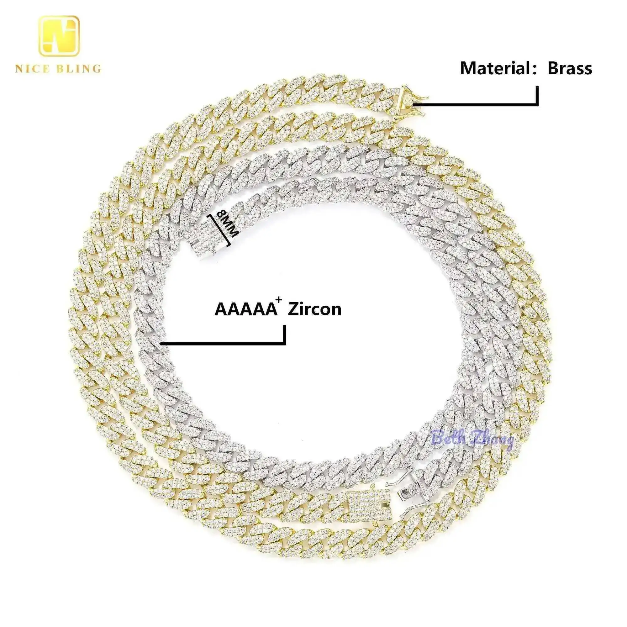 

Factory Price Hip Hop Cuban Link Chain 18k Gold Plated Iced Out Necklaces 8mm Brass Zircon Cuban Chain Necklace and Bracelet