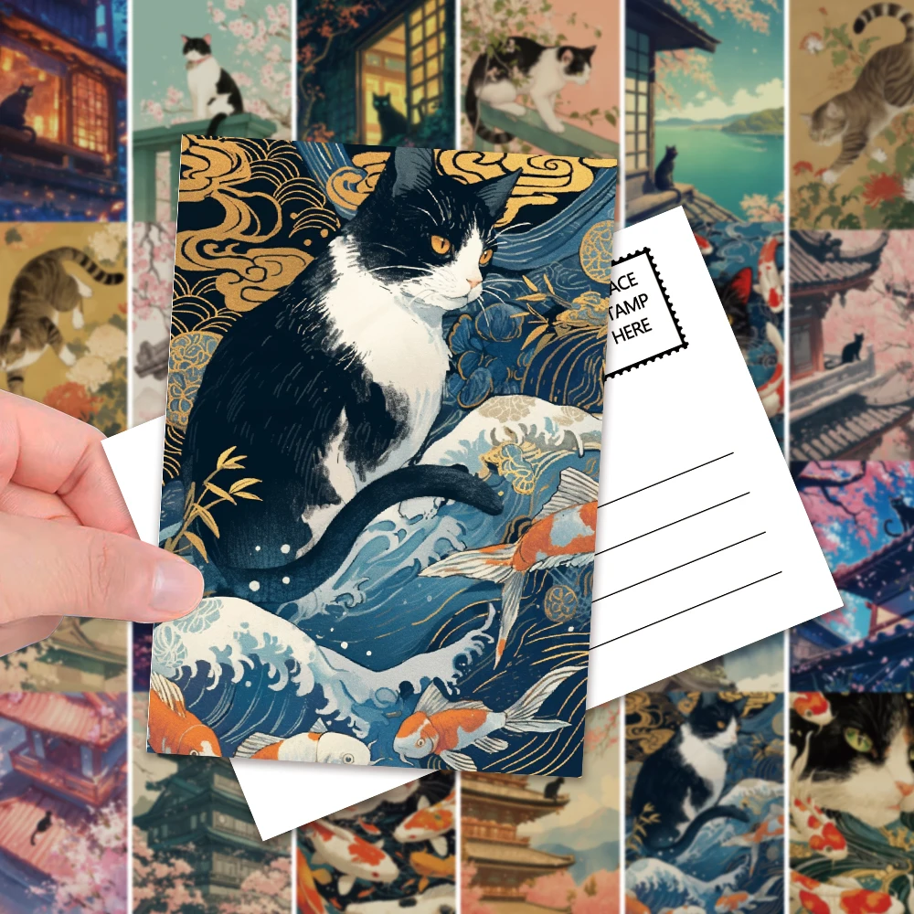 32 Stück japanische Katzenpostkarten, Ukiyo-E-Stil, süße Katzenposter, Wohnzimmer-Dekorationsaufkleber, Weihnachtsgeschenk, Schlafzimmerdekoration – Detail 5