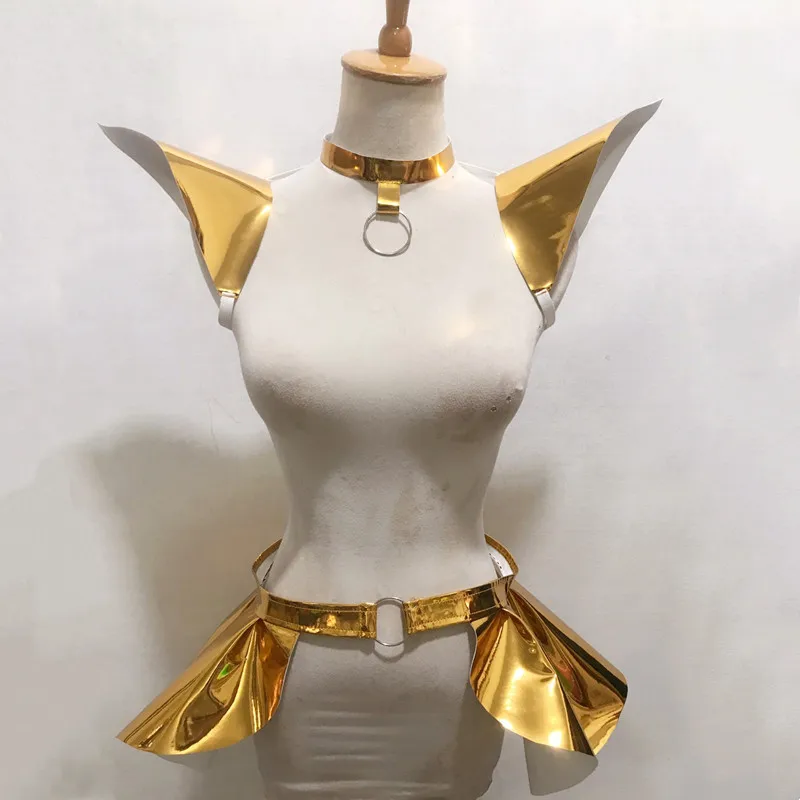 Gold Silver Laser Flying Shoulder Pads Skirt Rave Outfit Women Dancer DJ Gogo Dance Costume Club Party Show Stage Performance