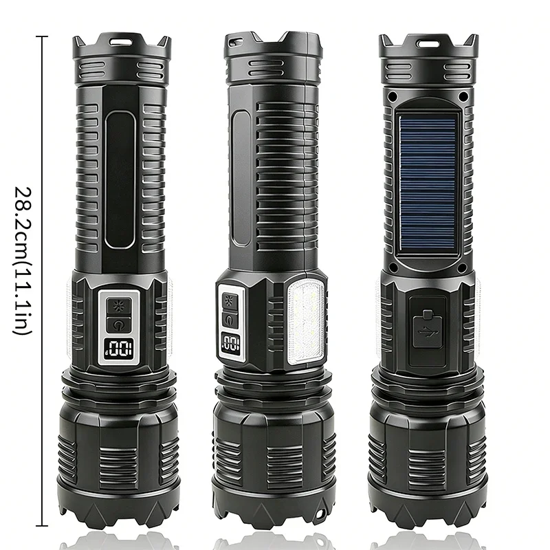 New outdoor flashlight, solar rechargeable, large capacity, digital display, output support, side light zoom