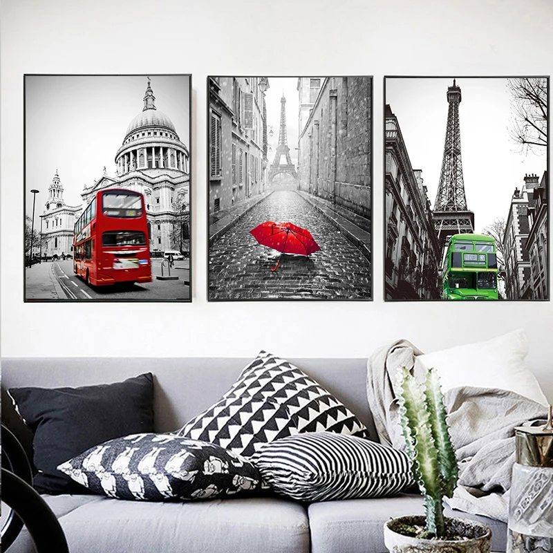 London Red Buse and Telephone Booth White Coated Paper Poster Wall Sticker Cafe Bar Decorated Home Decor