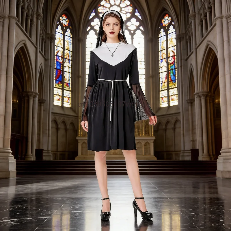 

Women's Nun Cosplay Costume Party Religious Sister Dress with Cross Necklace Gothic Role Play Priest Outfit