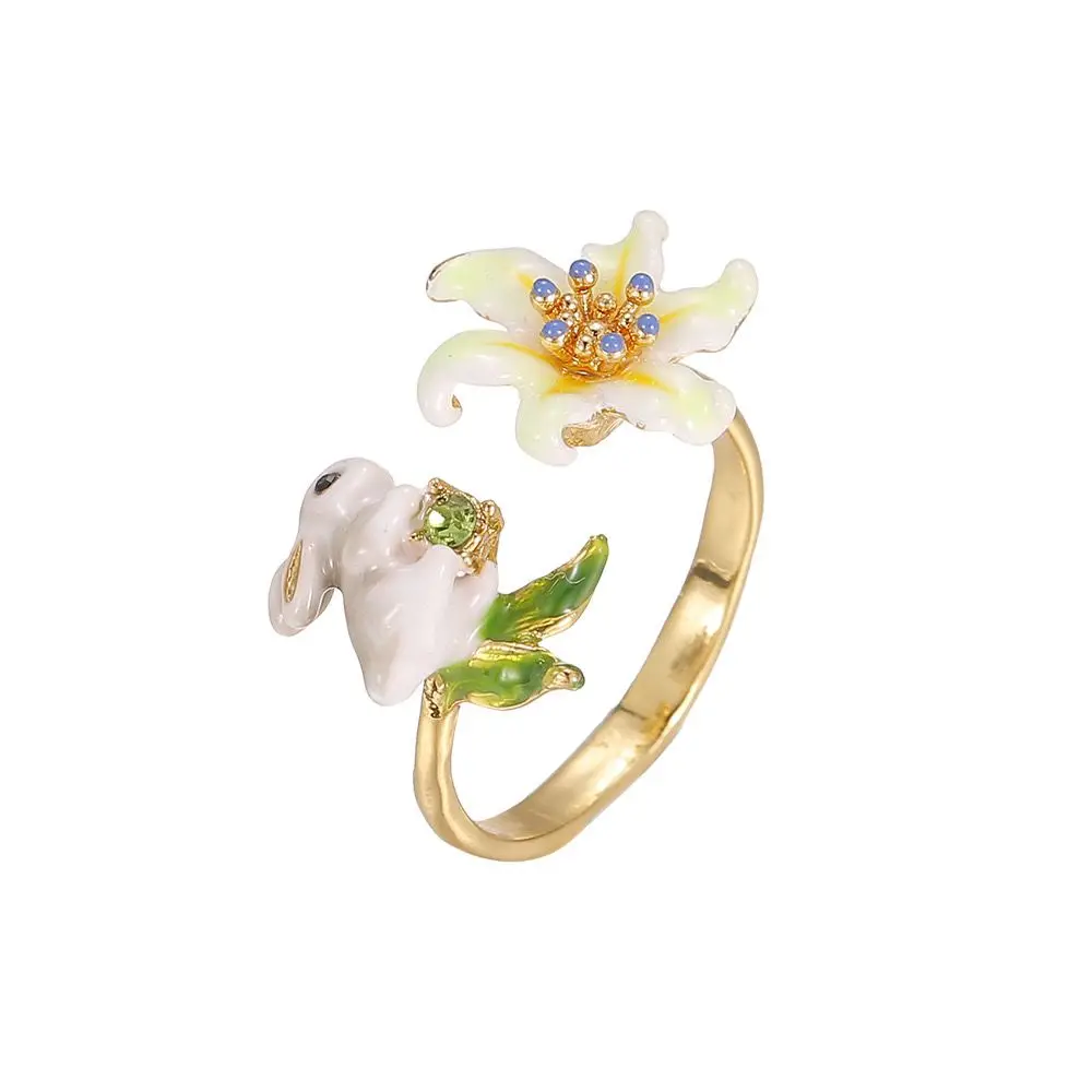 

Hand-painted daffodil gray rabbit Open ring Cute Zodiac animal ring Trendy unique design adjustable fashion accessories