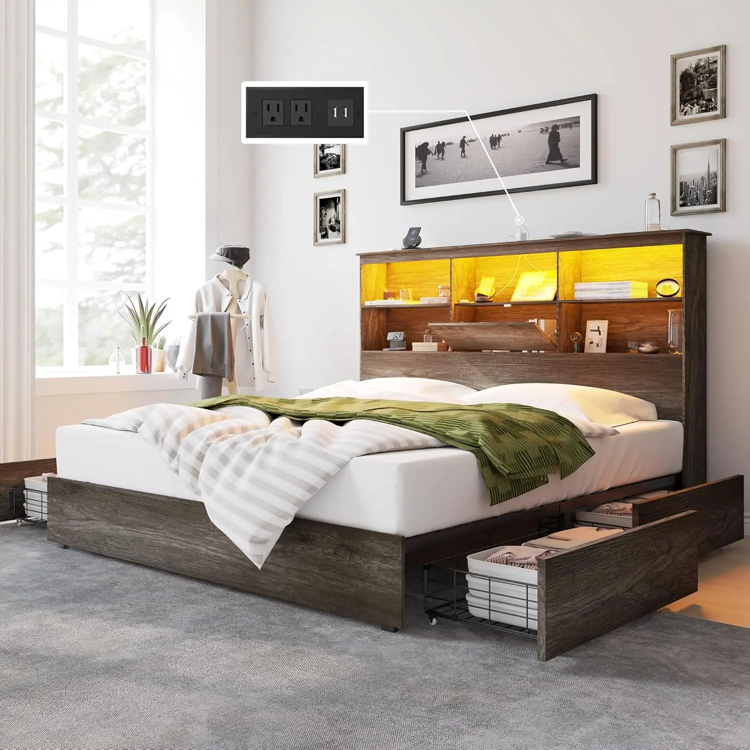 

King Wooden Platform Bed LED Headboard Storage Drawers Charging Station No Box Spring Rustic Grey, Customized