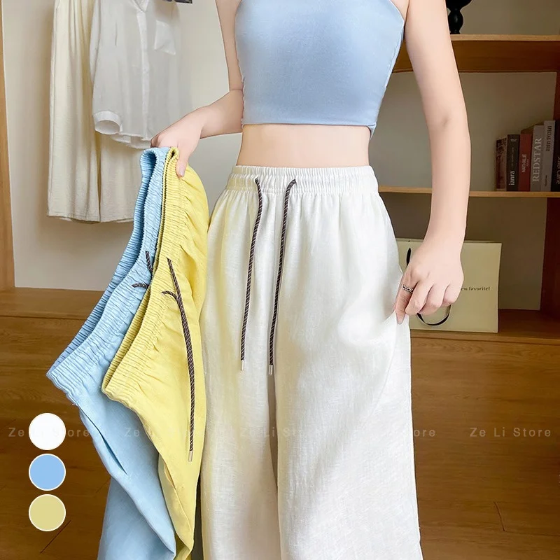 White Ice Silk Wide Leg Pants Women Summer Thin Loose Slimming Lazy Straight Tube Seng Quick Dry Sports Pants High Waist Elastic