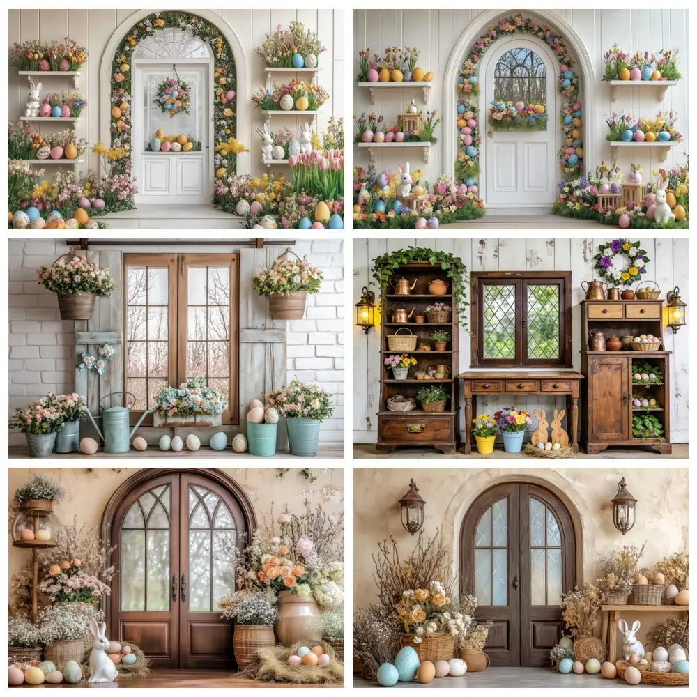 

Easter Photography Backdrop Spring Flowers Colorful Eggs Room Door Easter Party Baby Kids Portrait Photo Background Photostudio