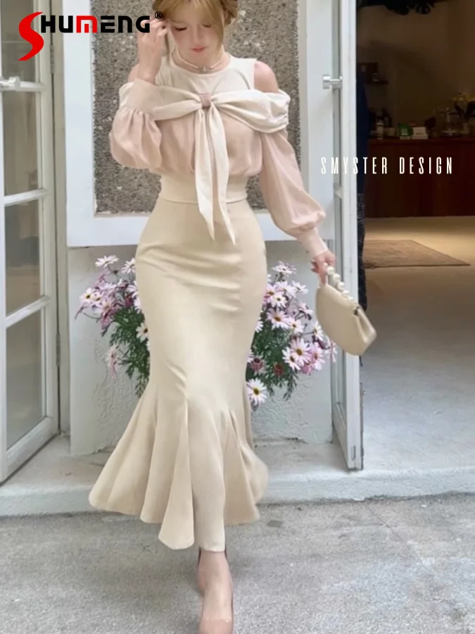 

Japanese Elegant Commuter Off-shoulder Long Sleeve Lace-up Bow Tops High Waist Hip-wrapped Fishtail Skirts Two-piece Sets Women