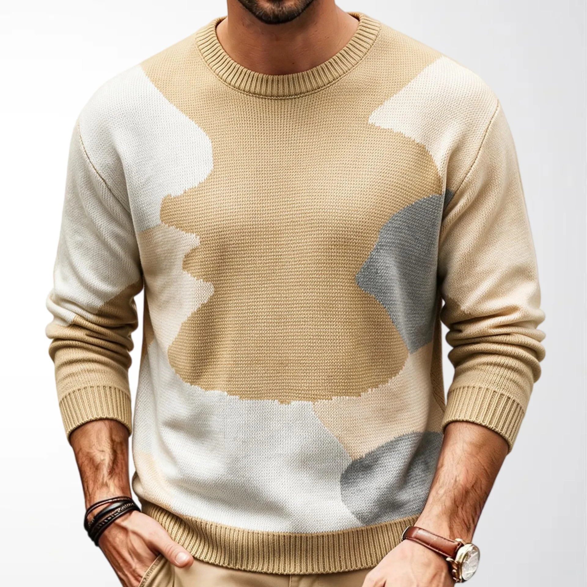 Men Khaki Color-coded Loose Fit O-neck Long Sleeve Casual Simple Basic Trendy Knitted Sweater Pullovers Male Fashion Top Clothes