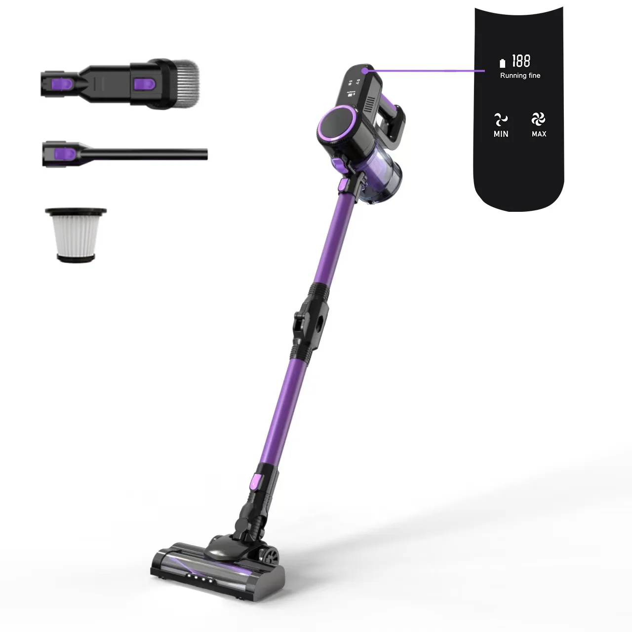 للمكنسة الكهربائية المنزلية اللاسلكية 500 وات محرك بدون فرشاة مع شاشة ديجيتال مكنسة كهربائية محمولة عالية الطاقة وعالية الشفط